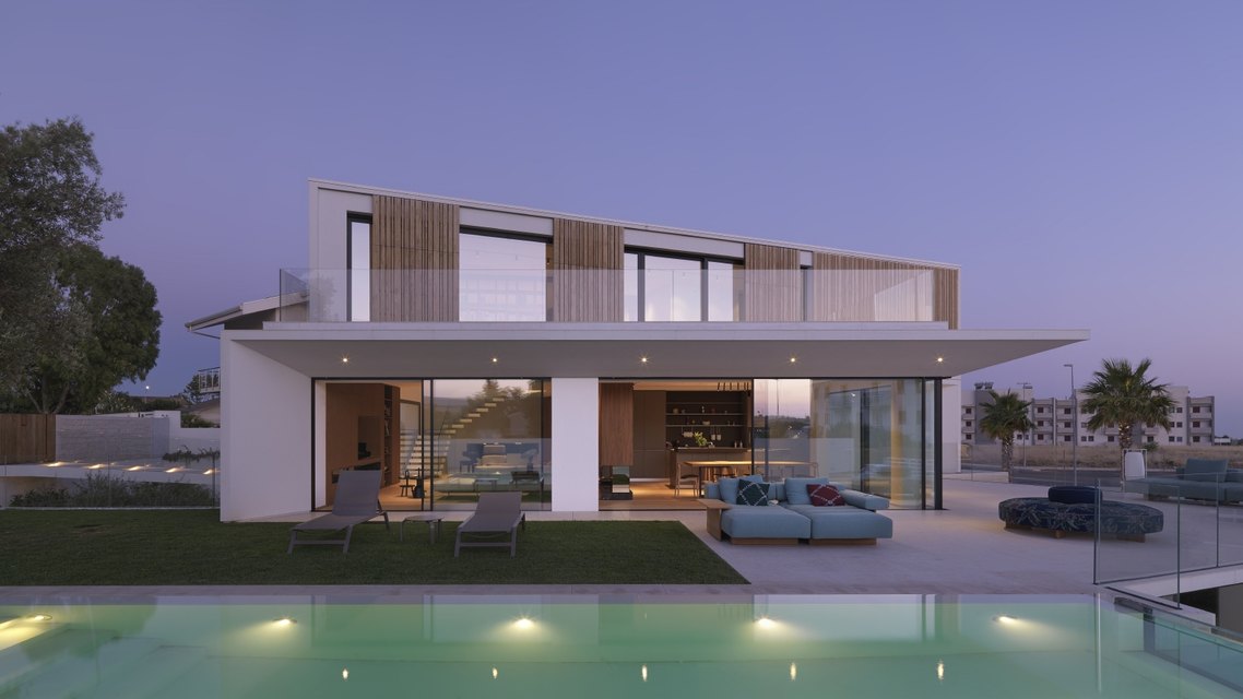 Mediterranean villa with glass balustrades and pool